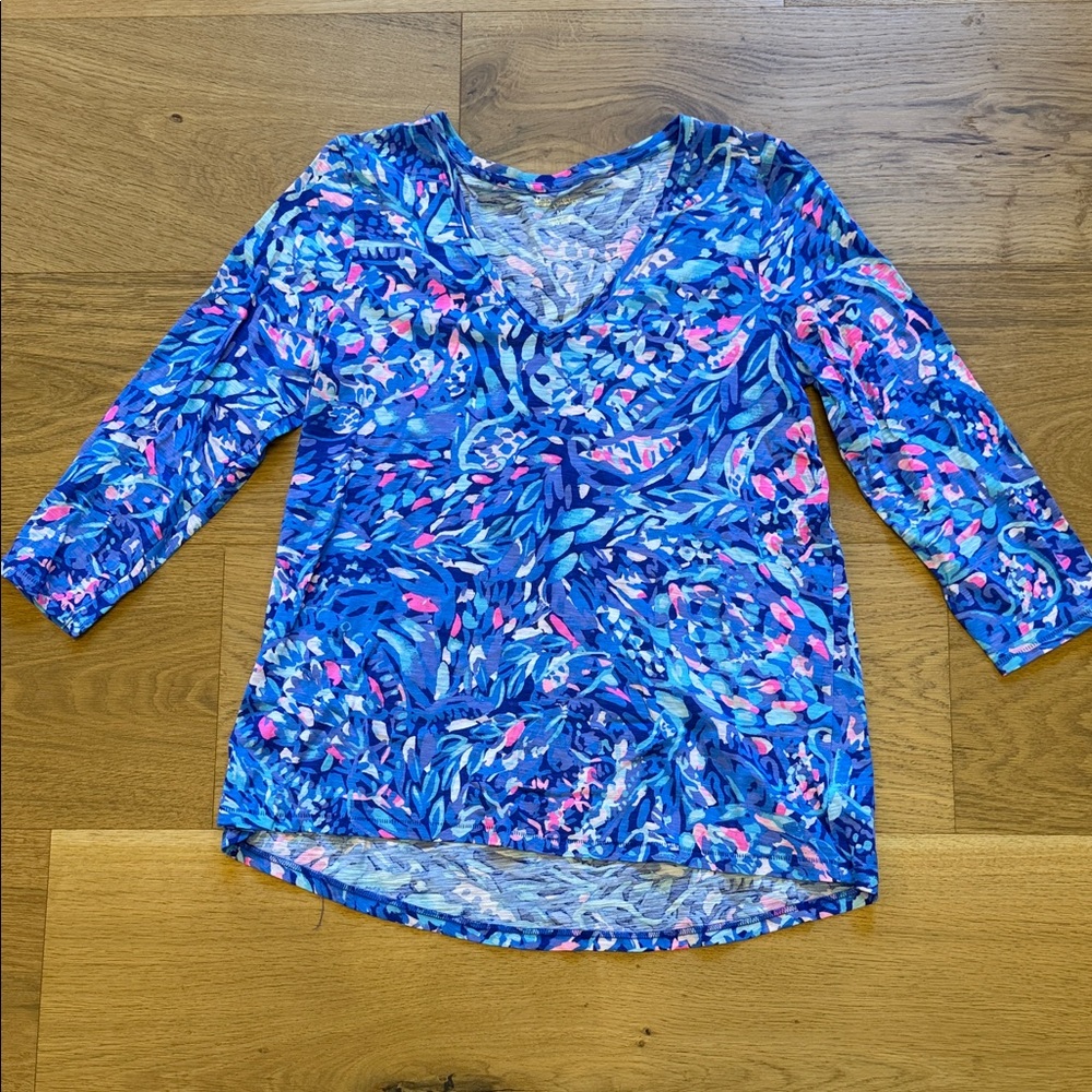 Lilly Pulitzer Vibrant Blue and Pink 3/4 Sleeve Tee